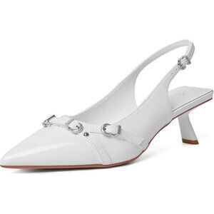 Mostrin Kitten Heel White Mesh Low Slingback Heels with Buckle Dress Shoes
